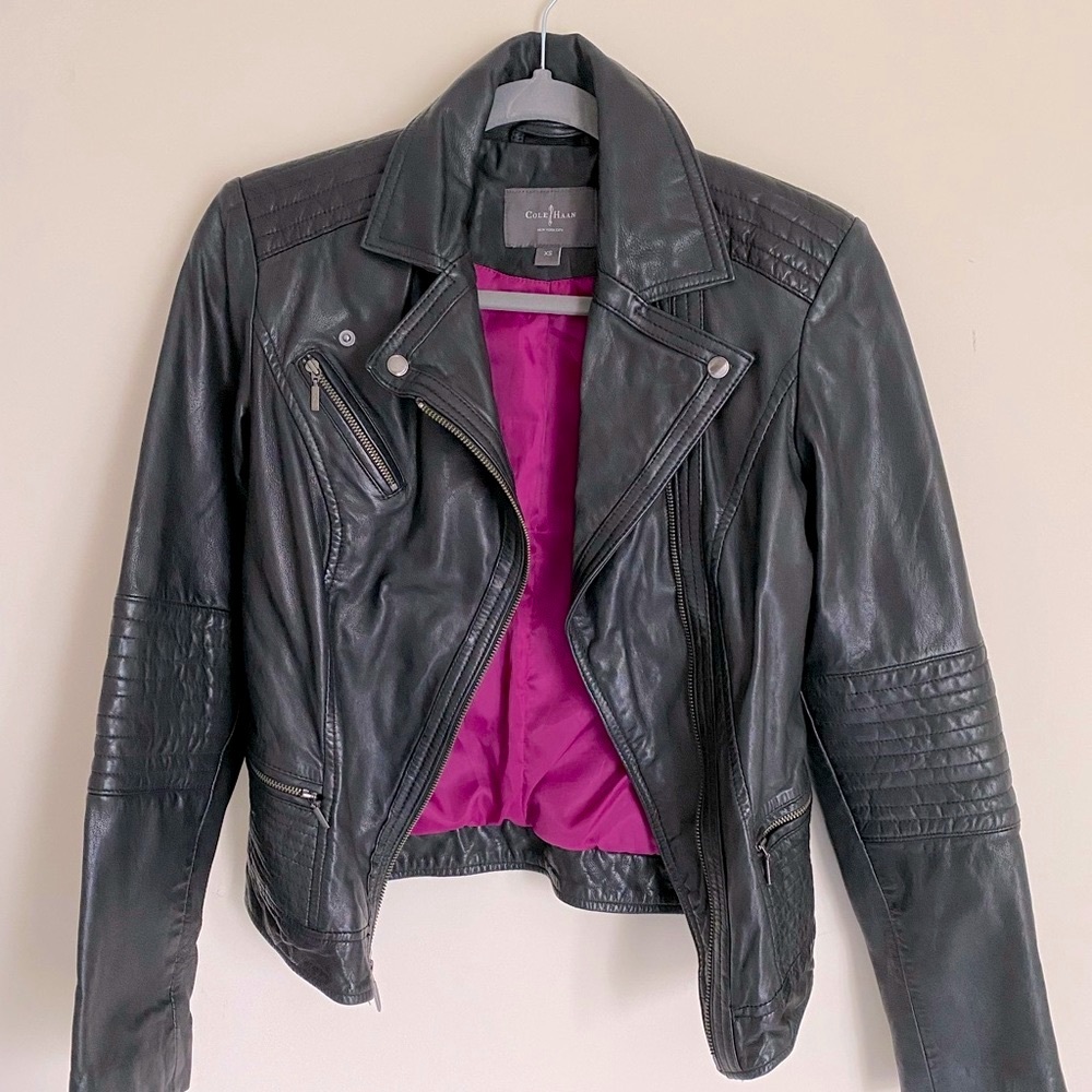 Cole Haan Genuine leather moto biker zippered jacket